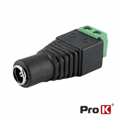 Adaptador de energia DC preto com terminal verde e logotipo ProK