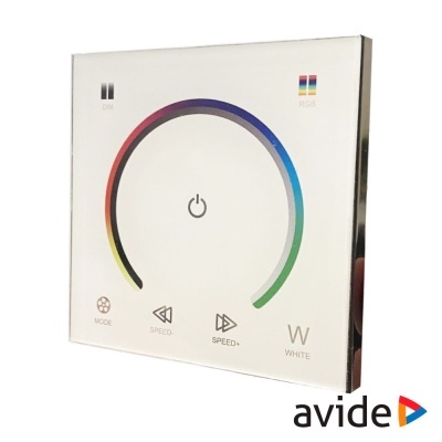 Painel de controlo táctil quadrado branco com círculo colorido para iluminação LED.