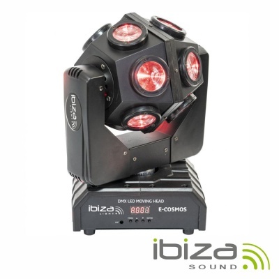 Cabeça móvel DMX LED preta com luzes vermelhas e base com visor digital e texto ibiza sound