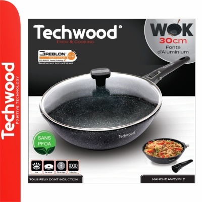 Embalagem da frigideira wok Techwood de 30cm com tampa de vidro e cabo removível