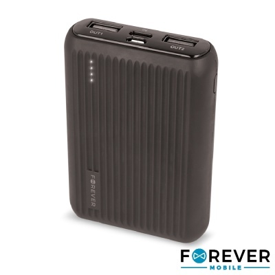 Carregador portátil preto FOREVER MOBILE com textura riscada e duas portas USB