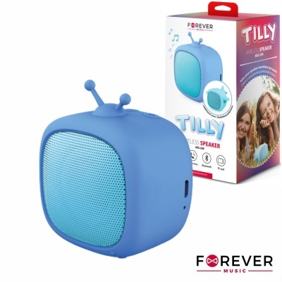 Coluna de som wireless azul com caixa embalagem TILLY e logo FOREVER MUSIC