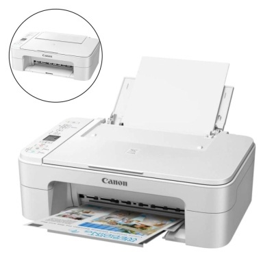 Impressora Canon branca multifunções com papel impresso colorido