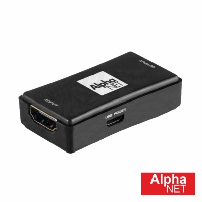 Adaptador preto Alpha NET com entrada HDMI e porta USB para alimentação.