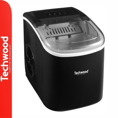 Máquina de gelo Techwood preta com tampa transparente e painel digital