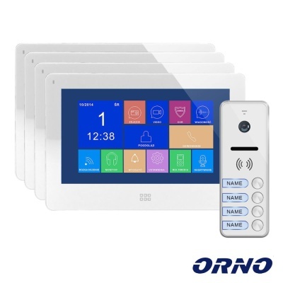 Ecrã táctil branco para vídeo porteiro com painel e botões, logótipo ORNO
