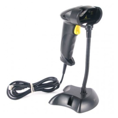 Leitor de código de barras preto com cabo USB e suporte flexível