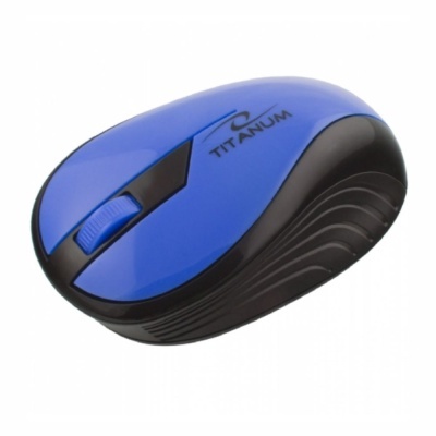 Rato informático azul e preto com botão scroll e texto TITANIUM