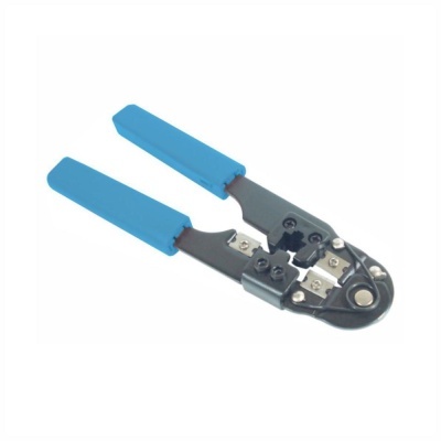 Alicates crimpatadores com pegas azuis emborrachadas e corpo metálico cinzento