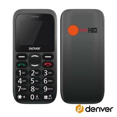 Telemóvel básico preto Denver com teclado numérico e botão SOS vermelho na traseira