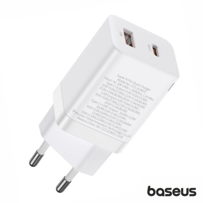 Carregador rápido branco Baseus com duas portas USB e plugue europeu