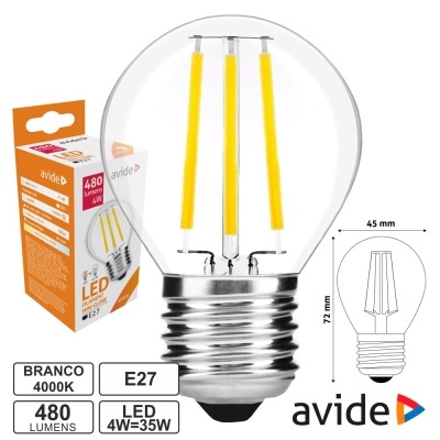 LÂMPADA LED E27 GLOBO FILAMENTO 4W 230V 4000K 480LM AVIDE
