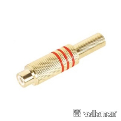 Conector adaptador áudio RCA fêmea para jack 3,5 mm macho dourado com linhas vermelhas