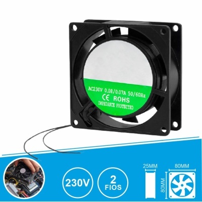 Ventoinha quadrada preta 80mm com etiqueta verde e dois fios