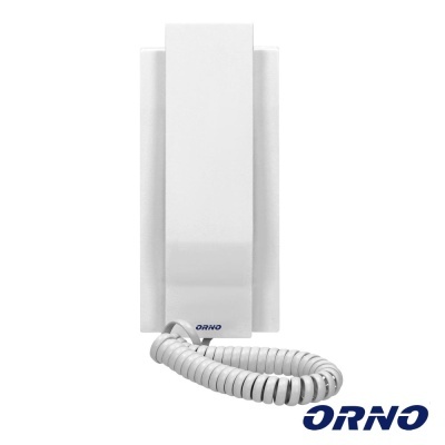 Telefone fixo branco ORNO com cabo espiralado e suporte de parede