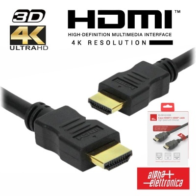 Cabo HDMI preto com conectores dourados e caixa com texto 4K Ultra HD e logo alpha elettronica