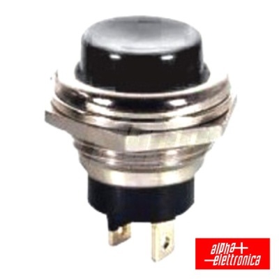 Botão de pressão metálico redondo com base preta e dois terminais dourados