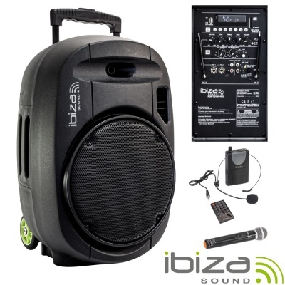 Coluna de som portátil preta Ibiza Sound com microfone e controlo