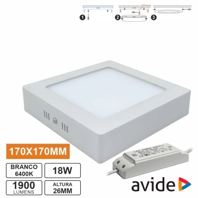 Painel LED quadrado branco 170x170mm com fonte Avide