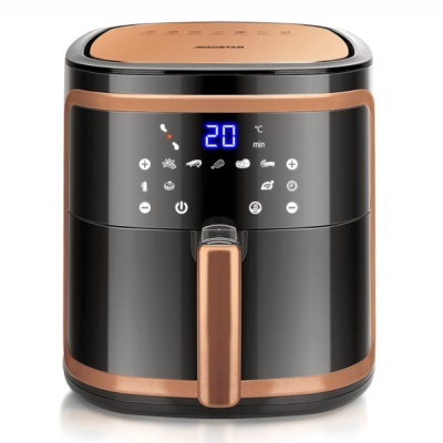 Frigideira elétrica preta com detalhes em cobre e ecrã digital