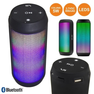 Coluna portátil Bluetooth preta com LEDs coloridos e botões de controlo
