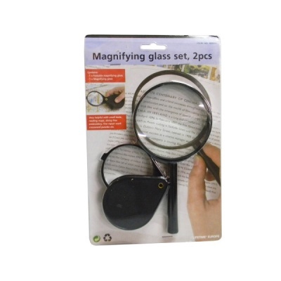 Conjunto de lupa com 2 peças e embalagem com texto em inglês