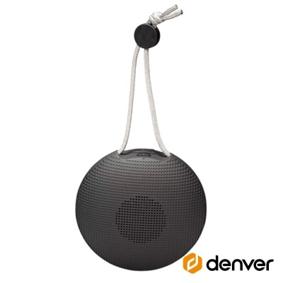 Coluna portátil preta com cordão cinza e logótipo Denver