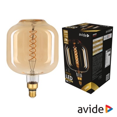 Lâmpada LED decorativa âmbar com filamento espiral e caixa preta com detalhes dourados