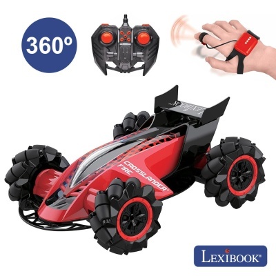 Carro de controlo remoto vermelho e preto com controlo manual e comando tradicional