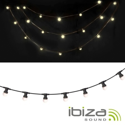 Luzes decorativas em botões com cabo preto, luzes acesas à noite e apagadas em fundo branco com logo Ibiza Sound