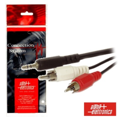 Cabo de áudio com ficha jack 3,5 mm e duas fichas RCA com embalagem da Alpha Elettronica