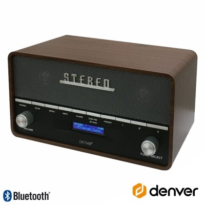 rádio vintage Denver em madeira castanha com painel preto e botão prateado