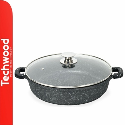 Tacho preto com tampa de vidro e pega metálica junto ao logótipo Techwood