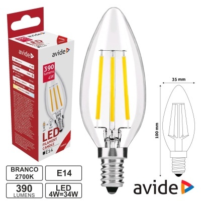 LÂMPADA LED E14 VELA FILAMENTO 4W 230V 2700K 470LM AVIDE