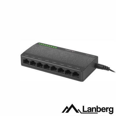 Comutador de rede Lanberg preto com oito portas Ethernet e LEDs verdes