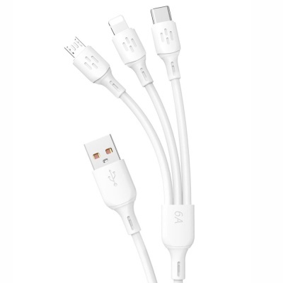 Cabo USB branco com múltiplos conectores incluindo USB Tipo C, Lightning e Micro USB