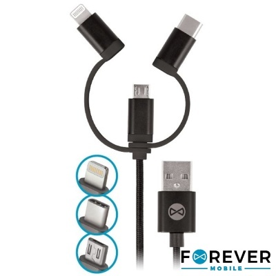 Cabo USB preto com conectores USB Tipo C, Lightning e Micro USB, cabo trançado com logo FOREVER MOBILE