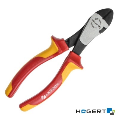 Alicate de corte com punhos vermelhos e amarelos e lâminas pretas.