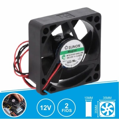 Ventoinha preta 35x35x10mm com etiqueta SUNON MagLev e 2 fios