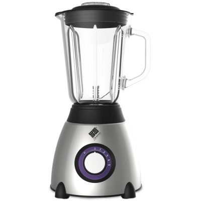 Liquidificador metálico com jarra transparente e botão roxo