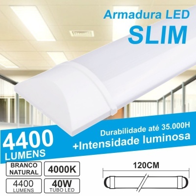 Luminária LED tipo tubo branco slim com especificações técnicas