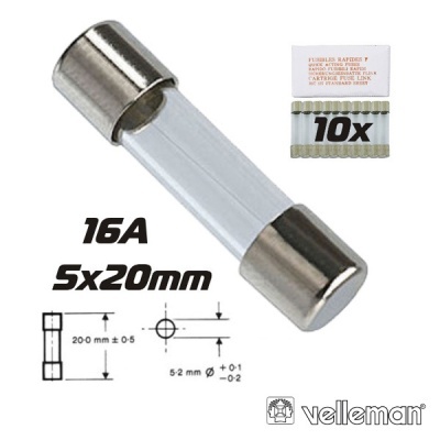 Fusível de vidro cilíndrico 16A 5x20mm com embalagem e instruções
