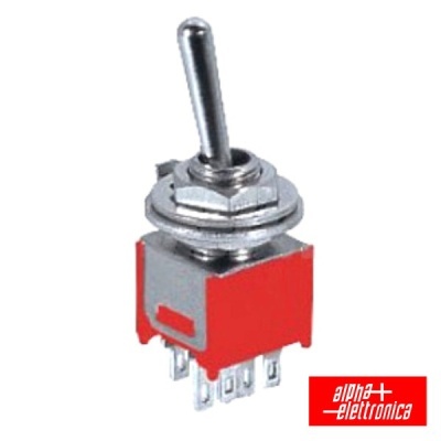 Interruptor táctil metálico vermelho com terminais e logotipo Alpha Elettronica