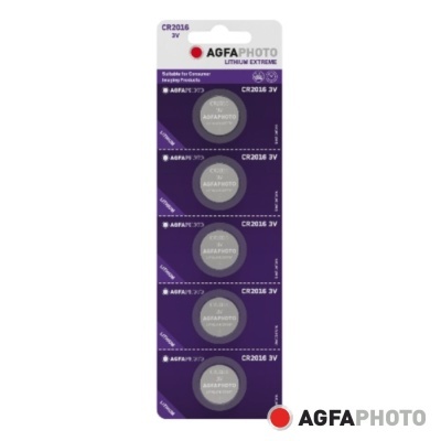 Cartela roxa com cinco pilhas de lítio AGFAPHOTO CR2016 3V