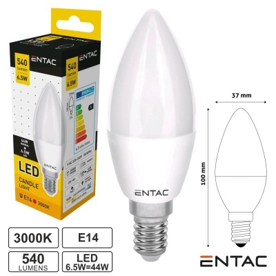 Lâmpada LED E14 Vela 6.5W 230V 3000K 540lm ENTAC