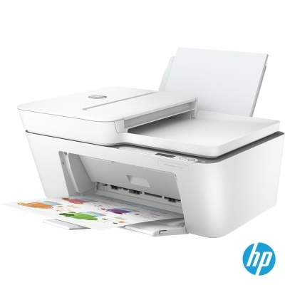 Impressora multifunções HP branca com papel colorido a sair