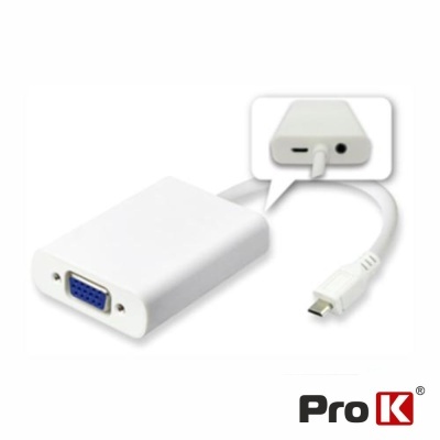 Adaptador branco Pro K com entrada VGA e saída Micro USB