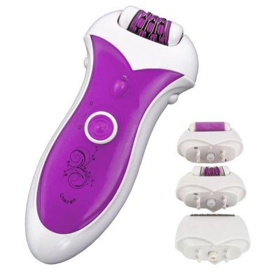 depiladora elétrica branca e roxa com três cabeças intercambiáveis