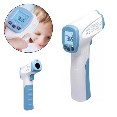 Termómetro digital infravermelho branco e azul com visor LCD a mostrar 36.5°C