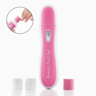 Dispositivo Beauty-Nail Set rosa e branco com tampas removíveis em fundo branco